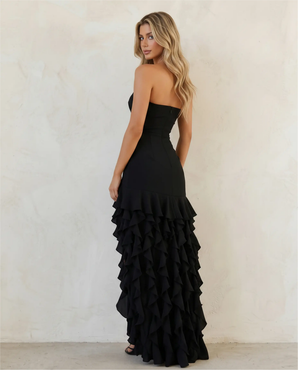 SOLACE  Black Strapless Ruffle High Slit Maxi Dress 