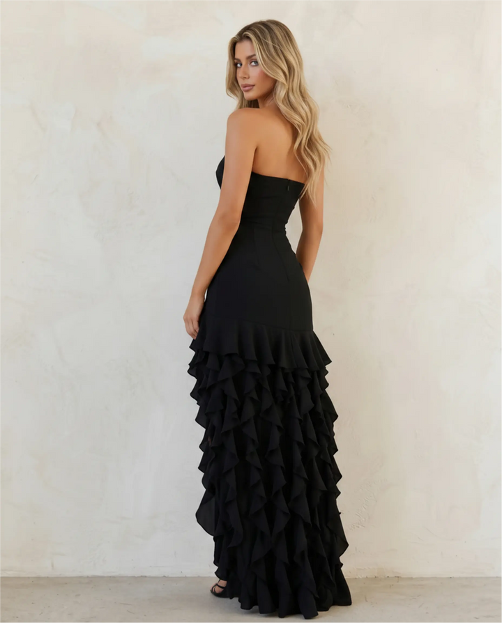 SOLACE  Black Strapless Ruffle High Slit Maxi Dress 