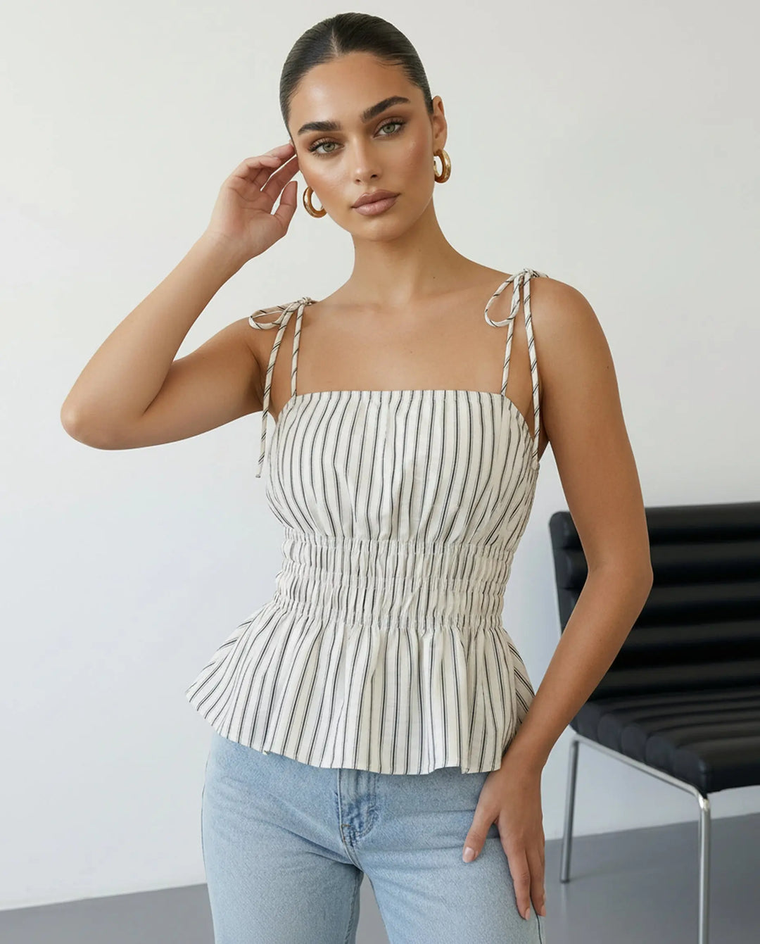 SOLACE  Striped Tie Shoulder Smocked Waist Peplum Cami Top 