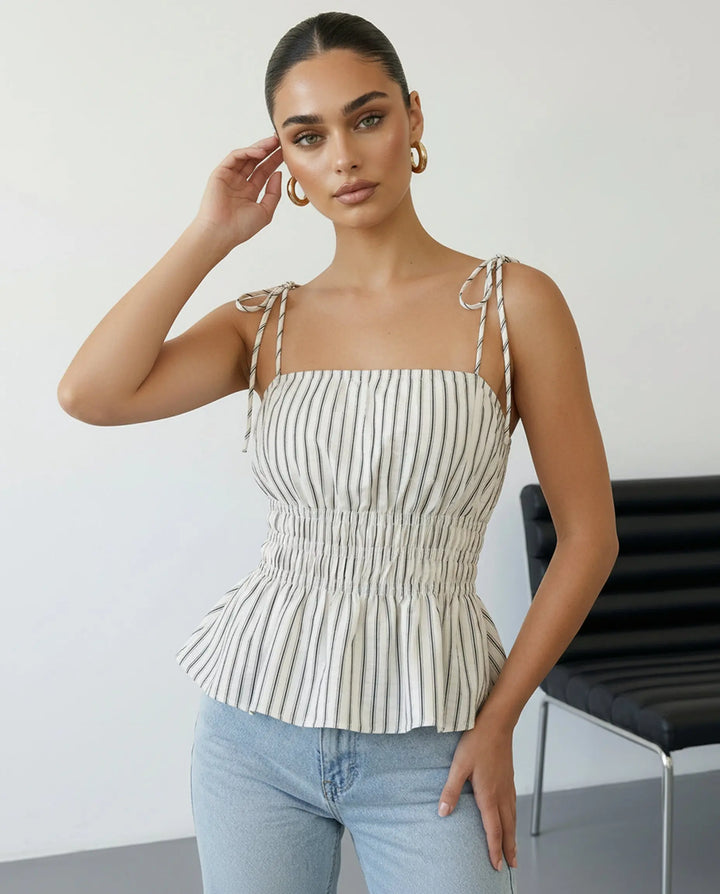 SOLACE  Striped Tie Shoulder Smocked Waist Peplum Cami Top 