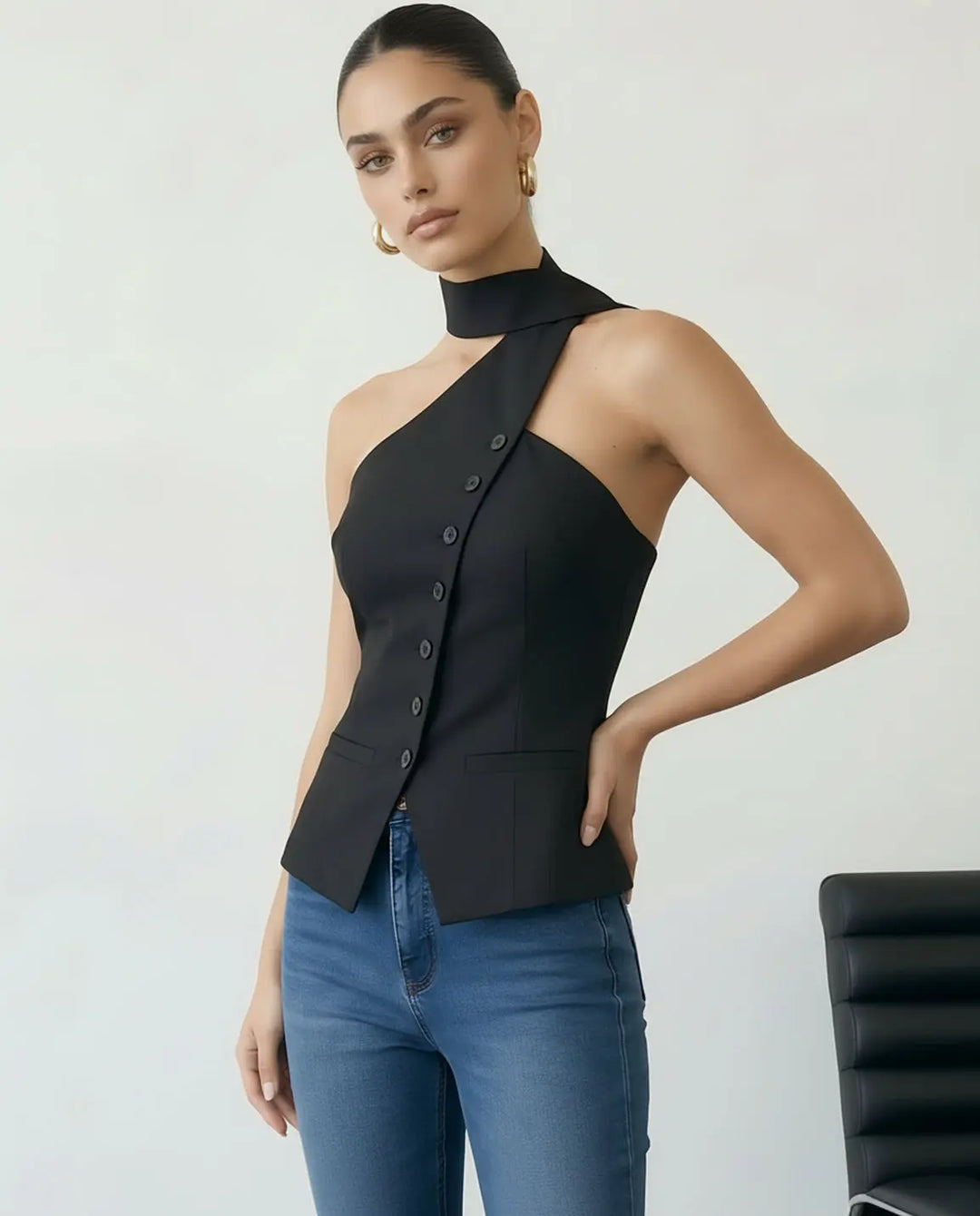 SOLACE  Black Asymmetrical One Shoulder Neck Tie Blouse 