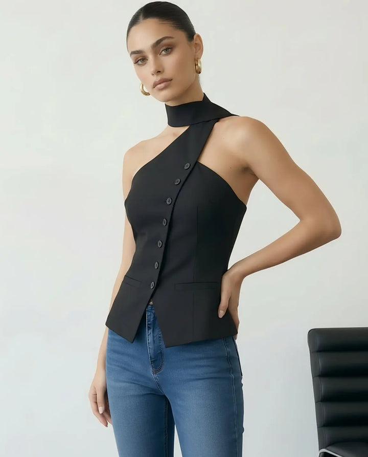 SOLACE  Black Asymmetrical One Shoulder Neck Tie Blouse 