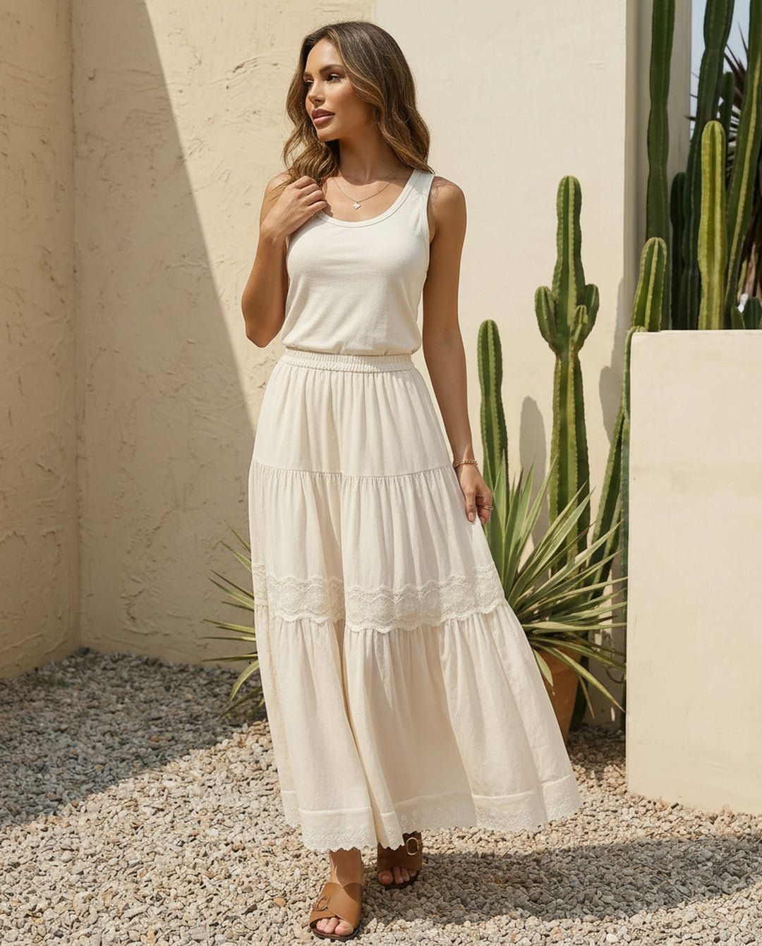 SOLACE  Cream White Tiered Lace Trim Maxi Skirt 