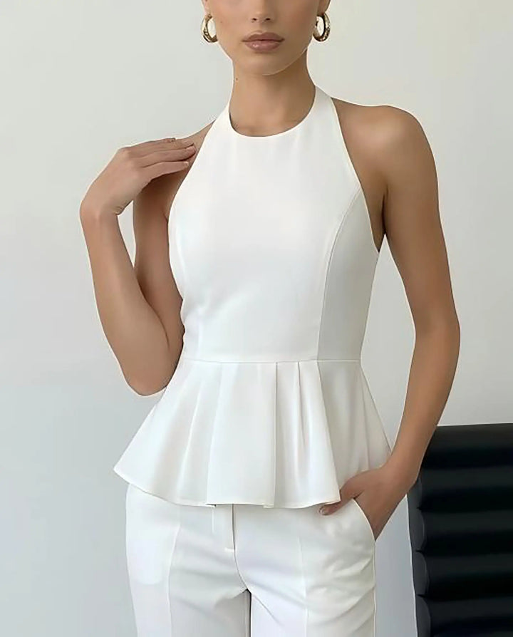 SOLACE  White Halter Neck Peplum Blouse 
