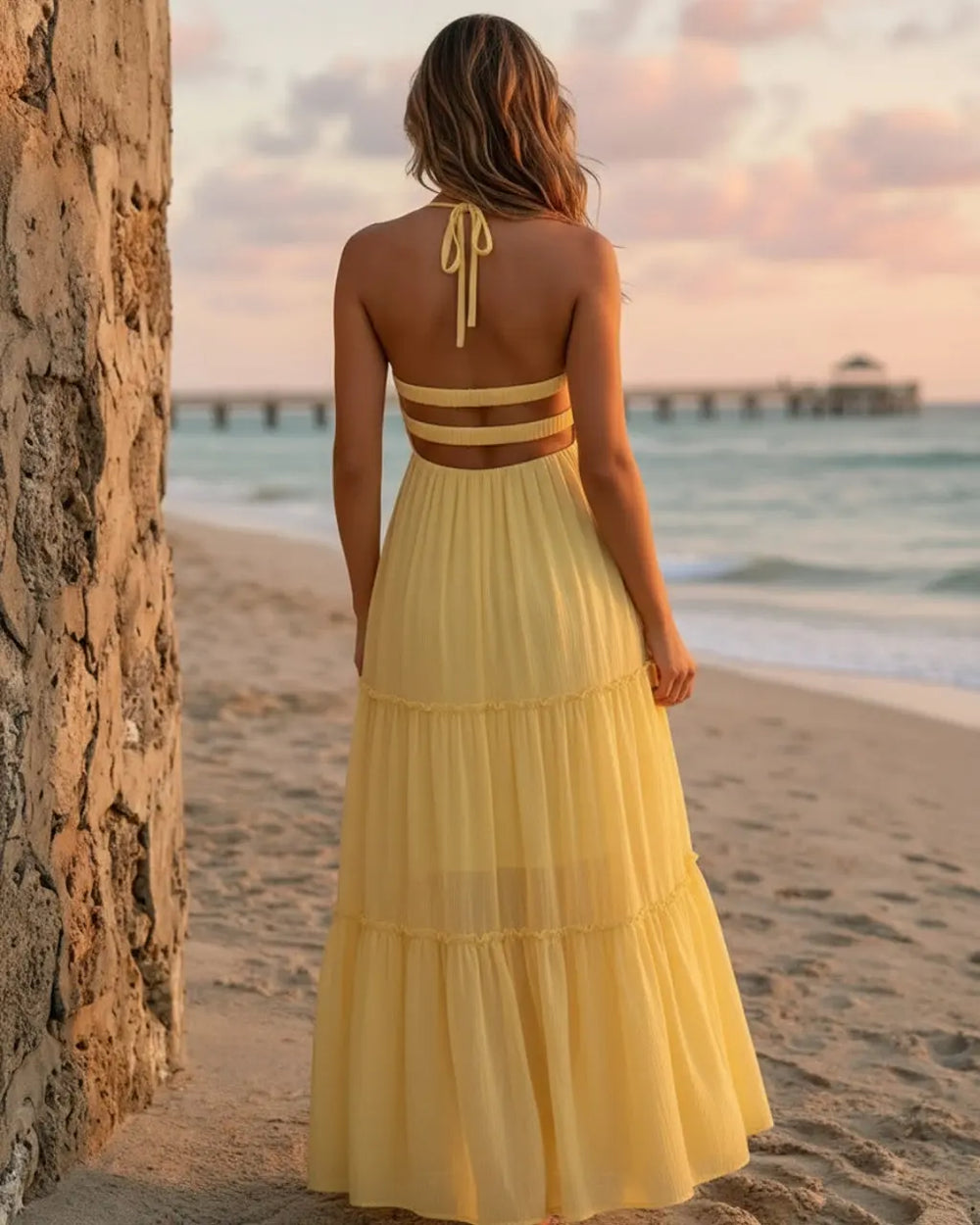Yellow Chiffon Tiered Regular Fit Beach Maxi Dress SOLACE