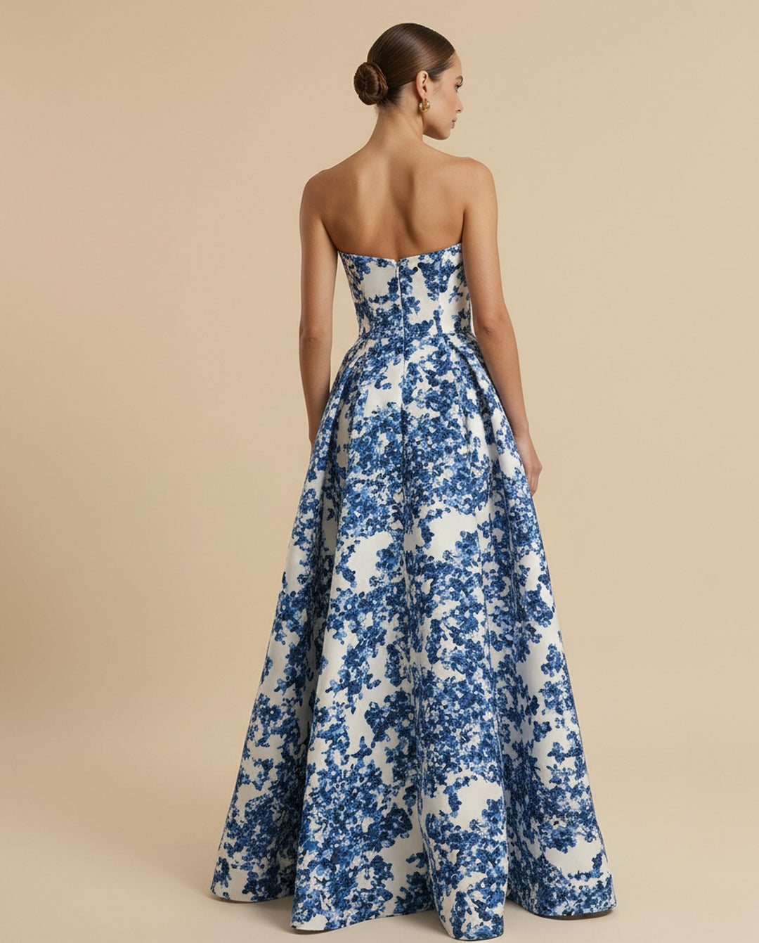 SOLACE  White Blue Floral Print Strapless Structured Bodice A-Line Maxi Dress 