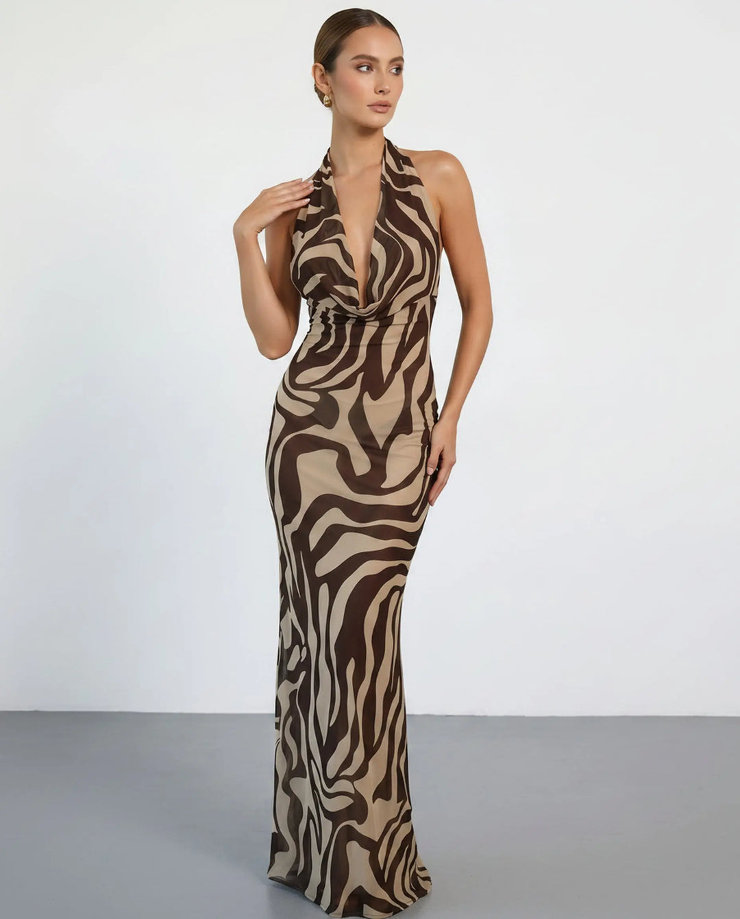 SOLACE  Brown Zebra Print Halter Neck Cowl Neck Maxi Dress 
