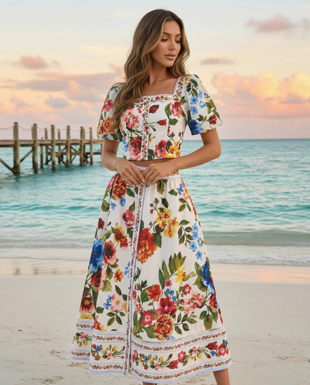 SOLACE  Colorful Floral Print Puff Sleeve Crop Top Midi Skirt Set 