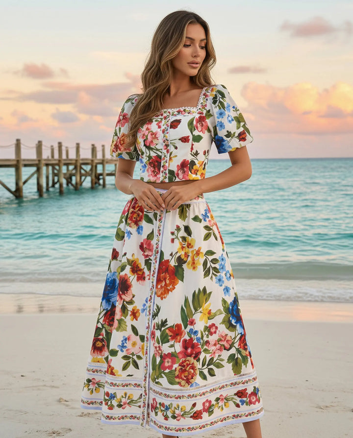 SOLACE  Colorful Floral Print Puff Sleeve Crop Top Midi Skirt Set 