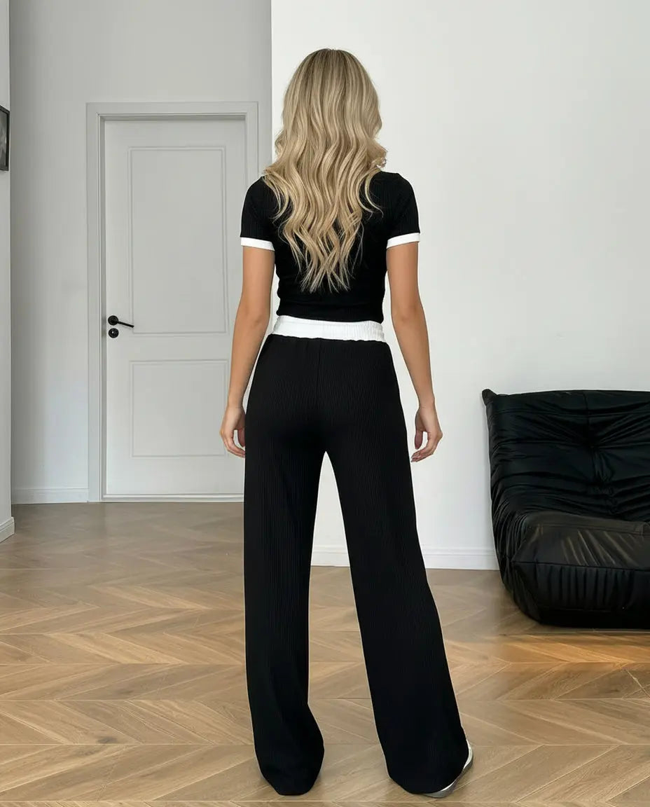 Black Contrast Trim Short Sleeve Crop Top High Waist Drawstring Pants Set - SOLACE