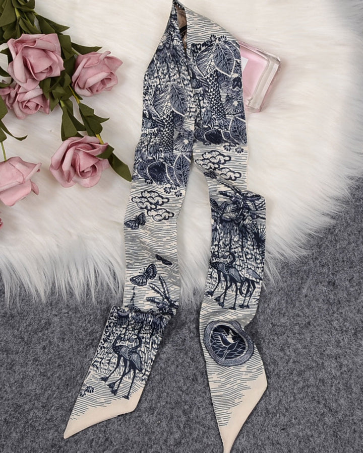 SOLACE  Navy Blue Toile De Jouy Paris France Print Skinny Vintage Scarf 