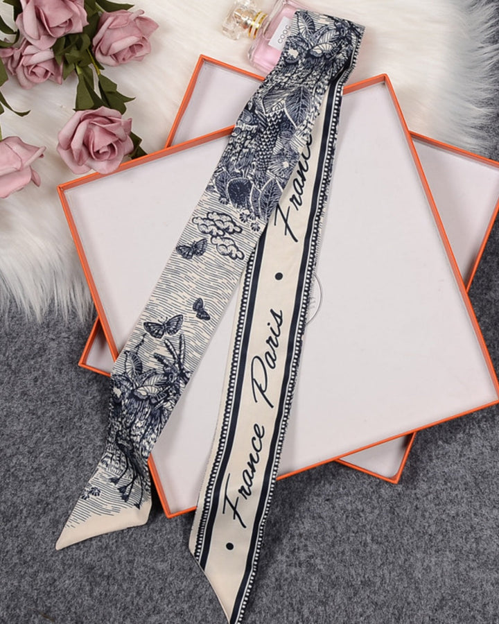 SOLACE  Navy Blue Toile De Jouy Paris France Print Skinny Vintage Scarf 