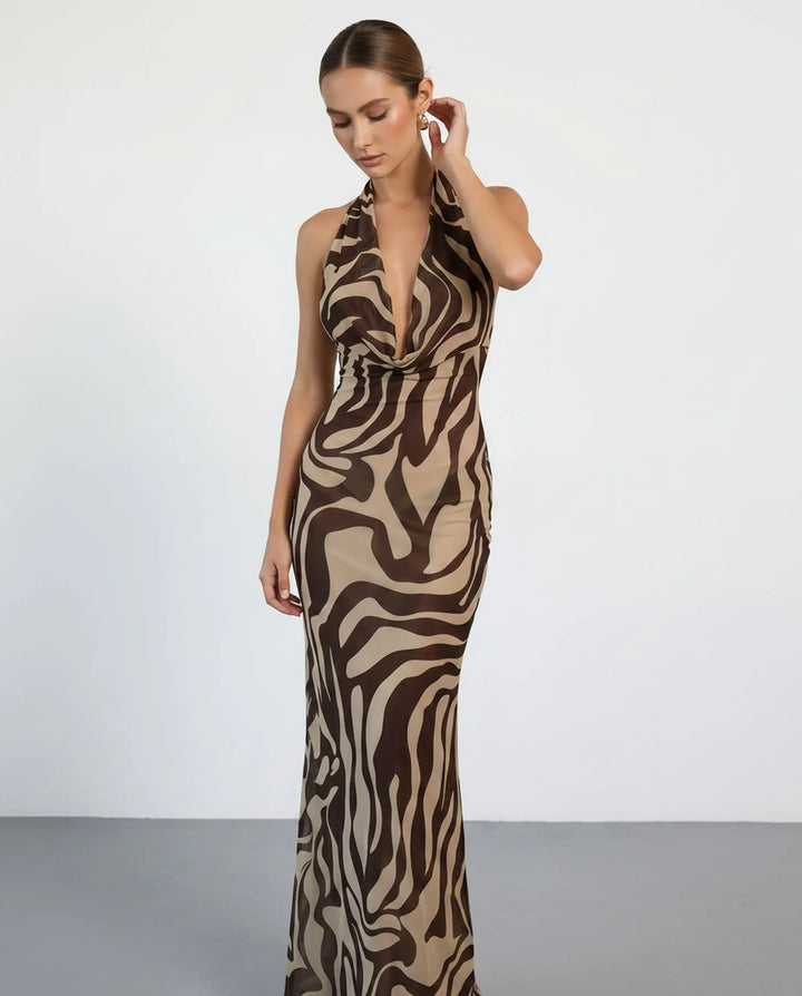 SOLACE  Brown Zebra Print Halter Neck Cowl Neck Maxi Dress 