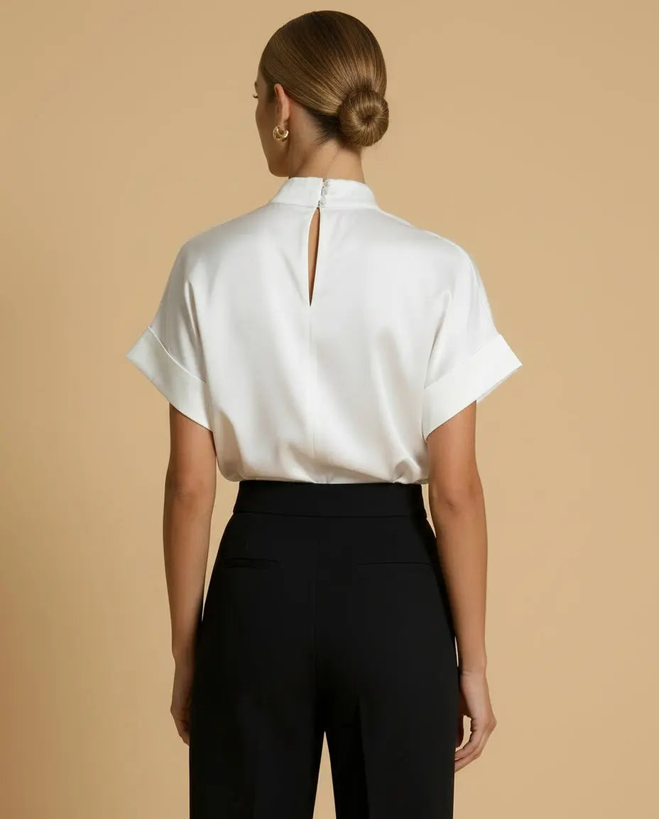 SOLACE  White Keyhole Mock Neck Short Sleeve Satin Blouse 