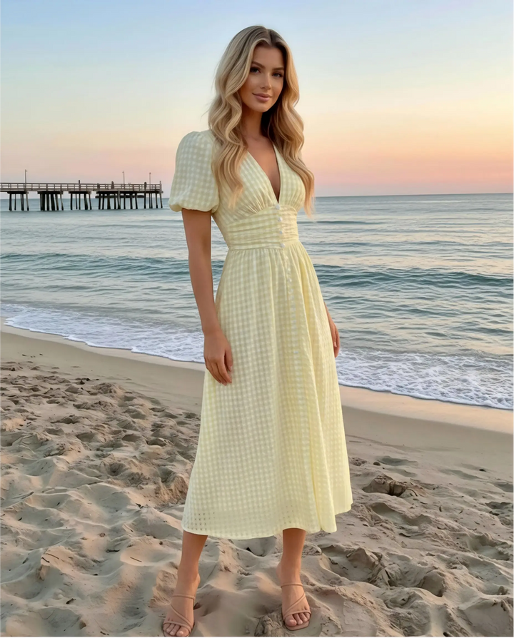 SOLACE  Yellow Gingham Print Puff Sleeve V-Neck Midi Dress 