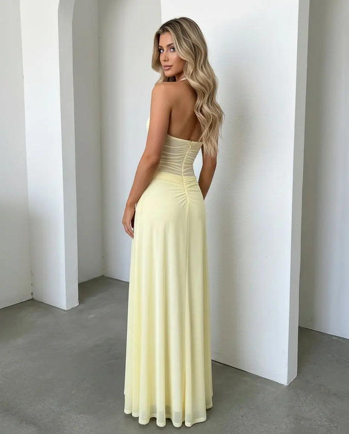 SOLACE  Yellow Halter Neck Mesh Ruched Backless Draped Maxi Dress 