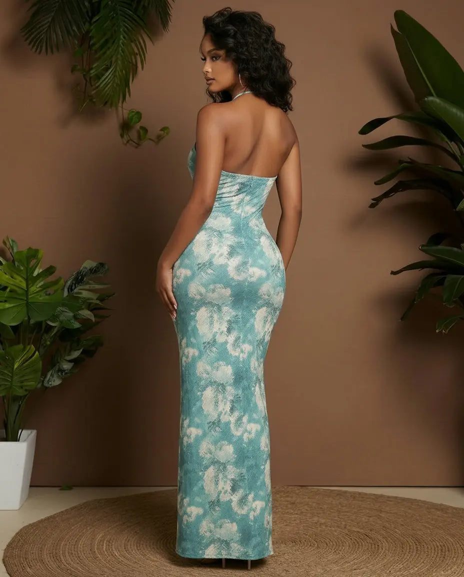 SOLACE  Dye Print Halter Neck 3D Flower Tie Mermaid Maxi Dress 