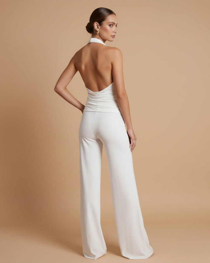 SOLACE  White Halter Neck Cowl Drape Top High Waist Wide Leg Pants Set 