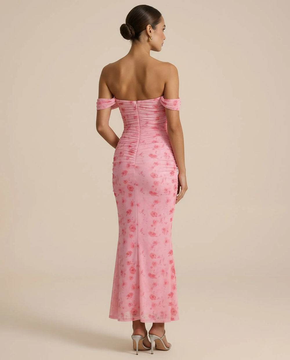 SOLACE  Floral Print Off-Shoulder Ruched Mesh Mermaid Maxi Dress 