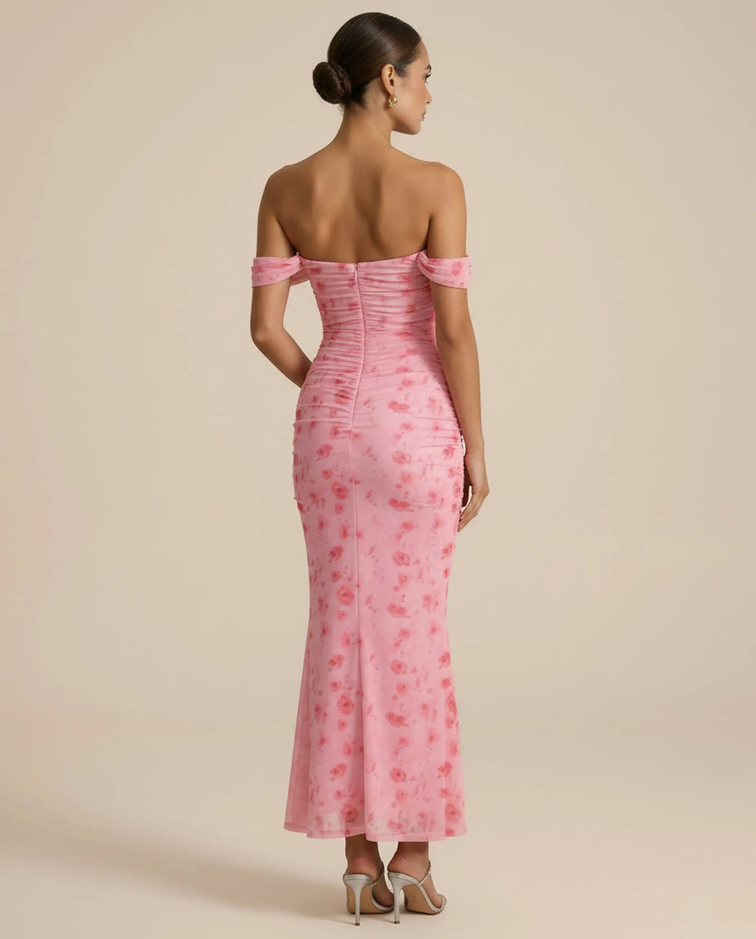 SOLACE  Floral Print Off-Shoulder Ruched Mesh Mermaid Maxi Dress 