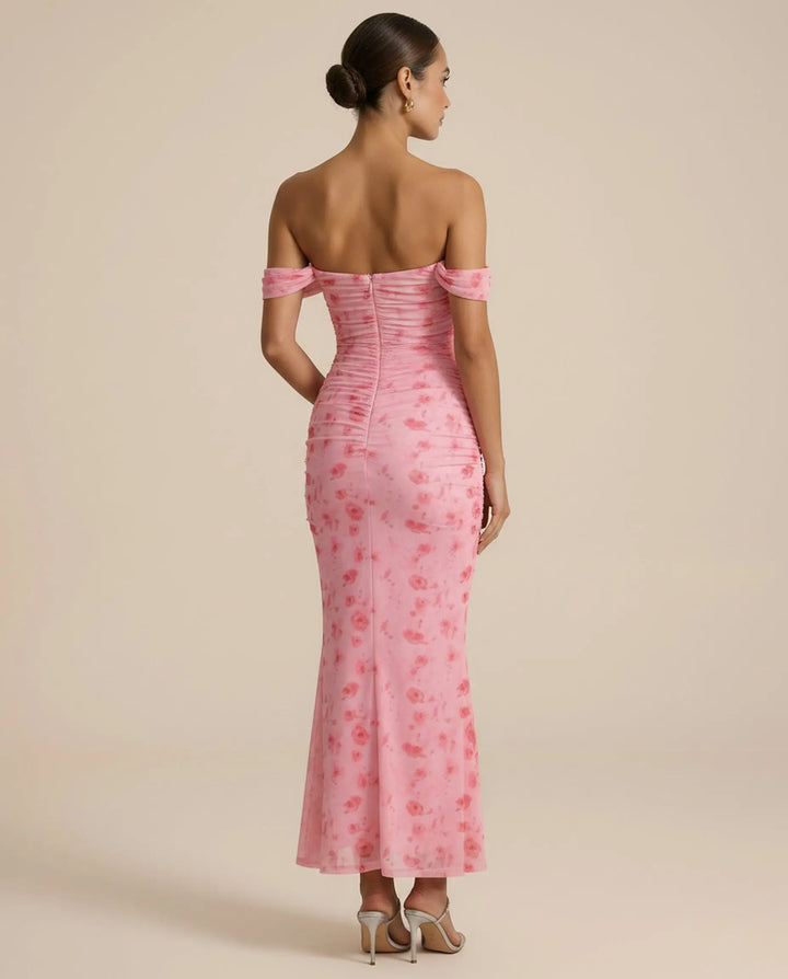 SOLACE  Floral Print Off-Shoulder Ruched Mesh Mermaid Maxi Dress 