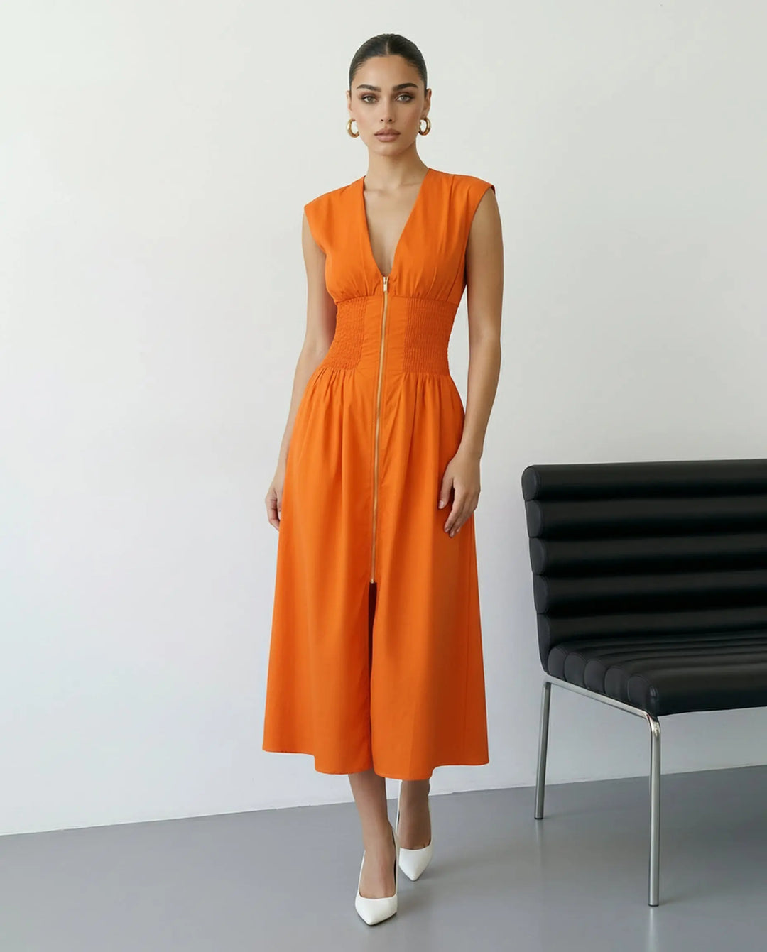 SOLACE  Orange V Neck Sleeveless Smocked Waist Midi Dress 