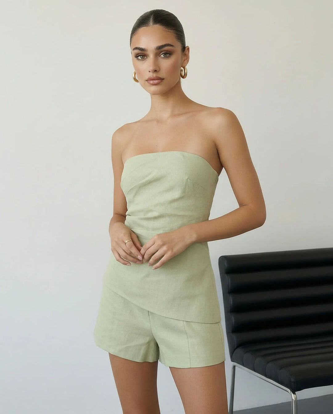 SOLACE  Green Linen Strapless Top and Shorts Two-Piece Set 