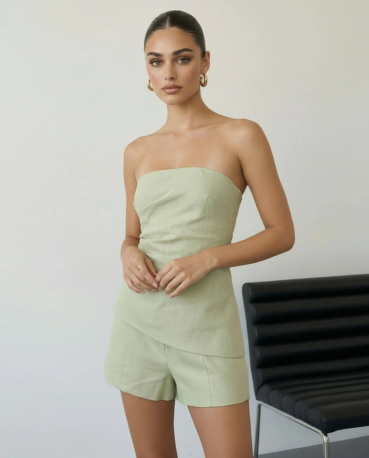 SOLACE  Green Linen Strapless Top and Shorts Two-Piece Set 