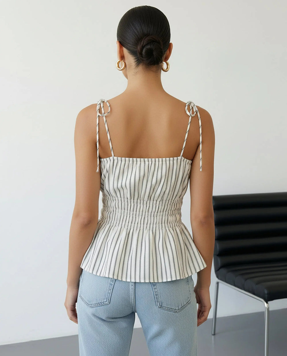 SOLACE  Striped Tie Shoulder Smocked Waist Peplum Cami Top 