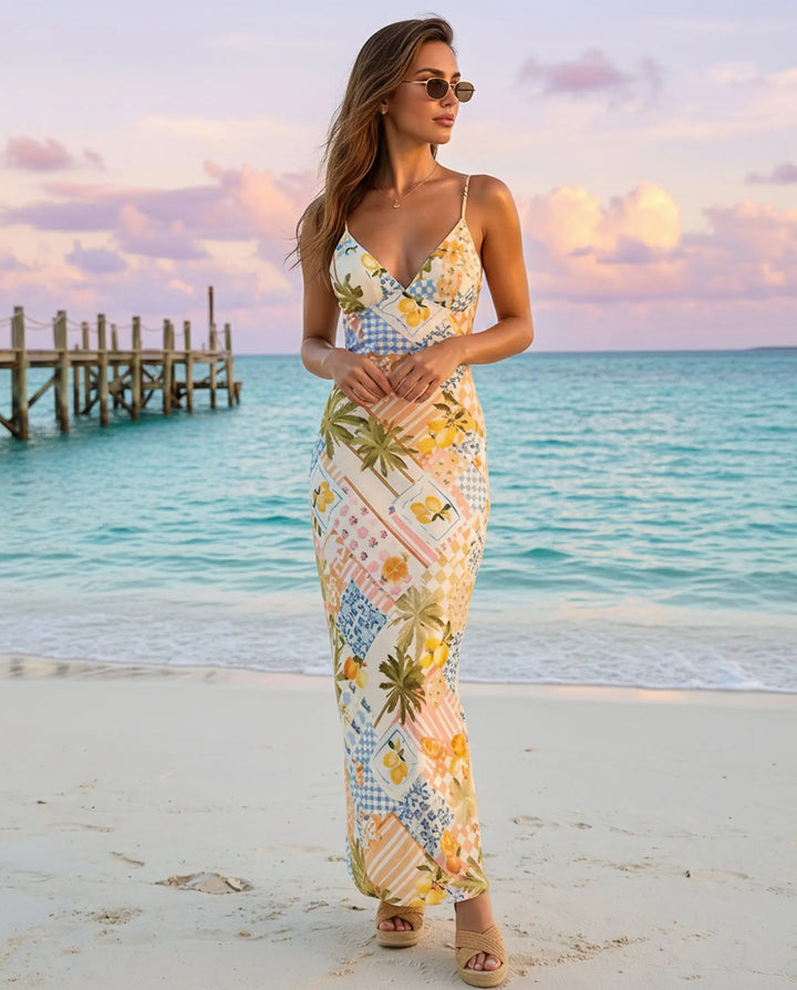 SOLACE  Tropical Patchwork Print Spaghetti Strap Maxi Dress 