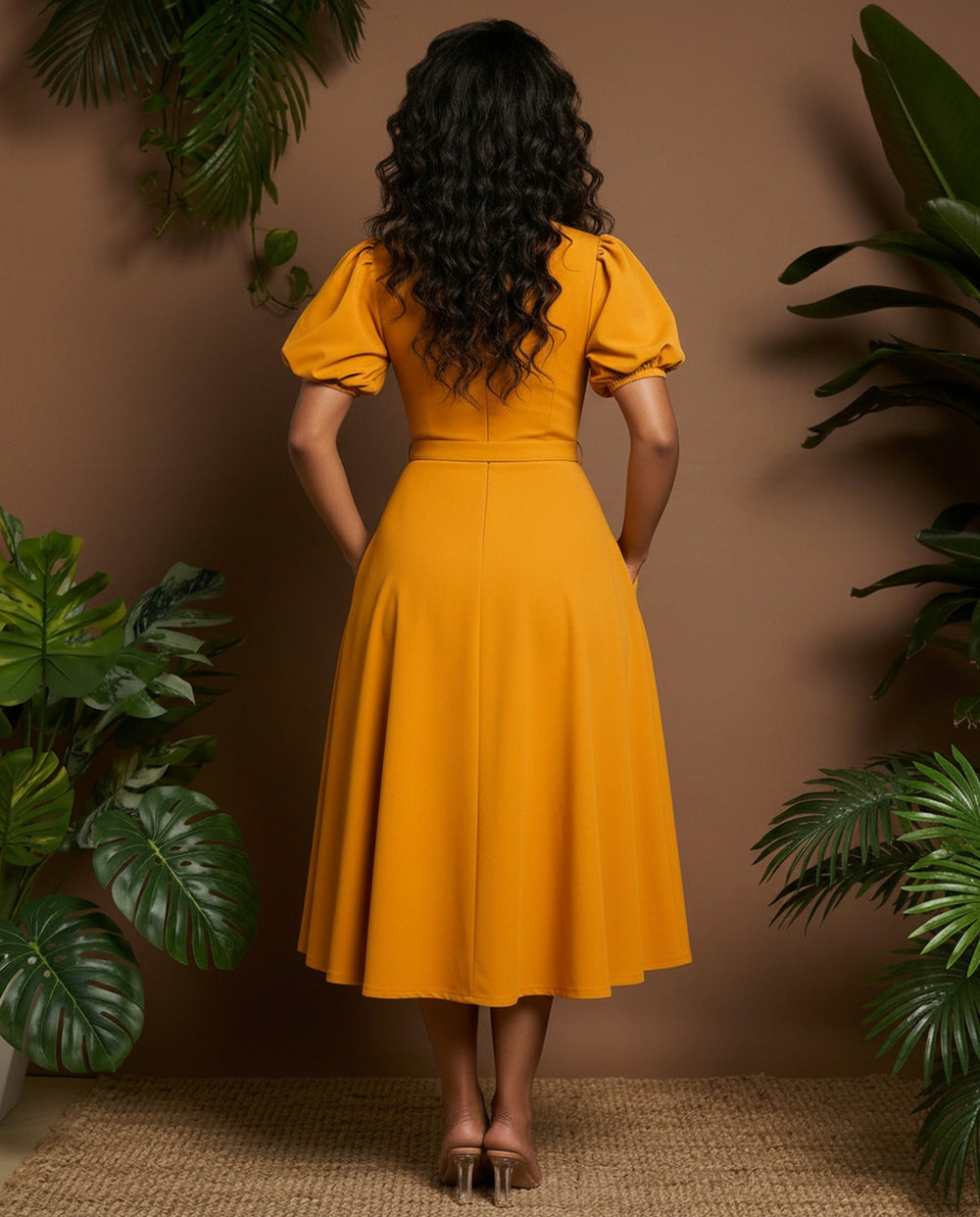 SOLACE  Yellow Puff Sleeve Round Neck Belted A-Line Midi Dress 