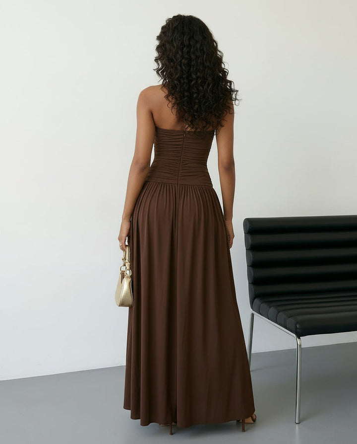 SOLACE  Brown Strapless Keyhole Cutout Ruched High Split Maxi Dress 