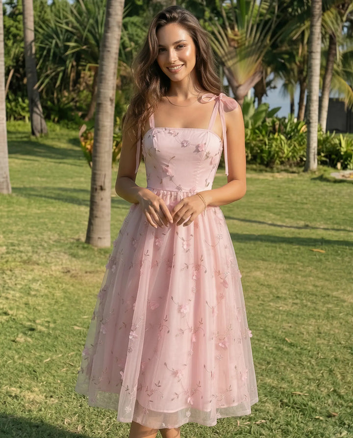 SOLACE  Pink Floral Embroidered Tulle Midi Dress 