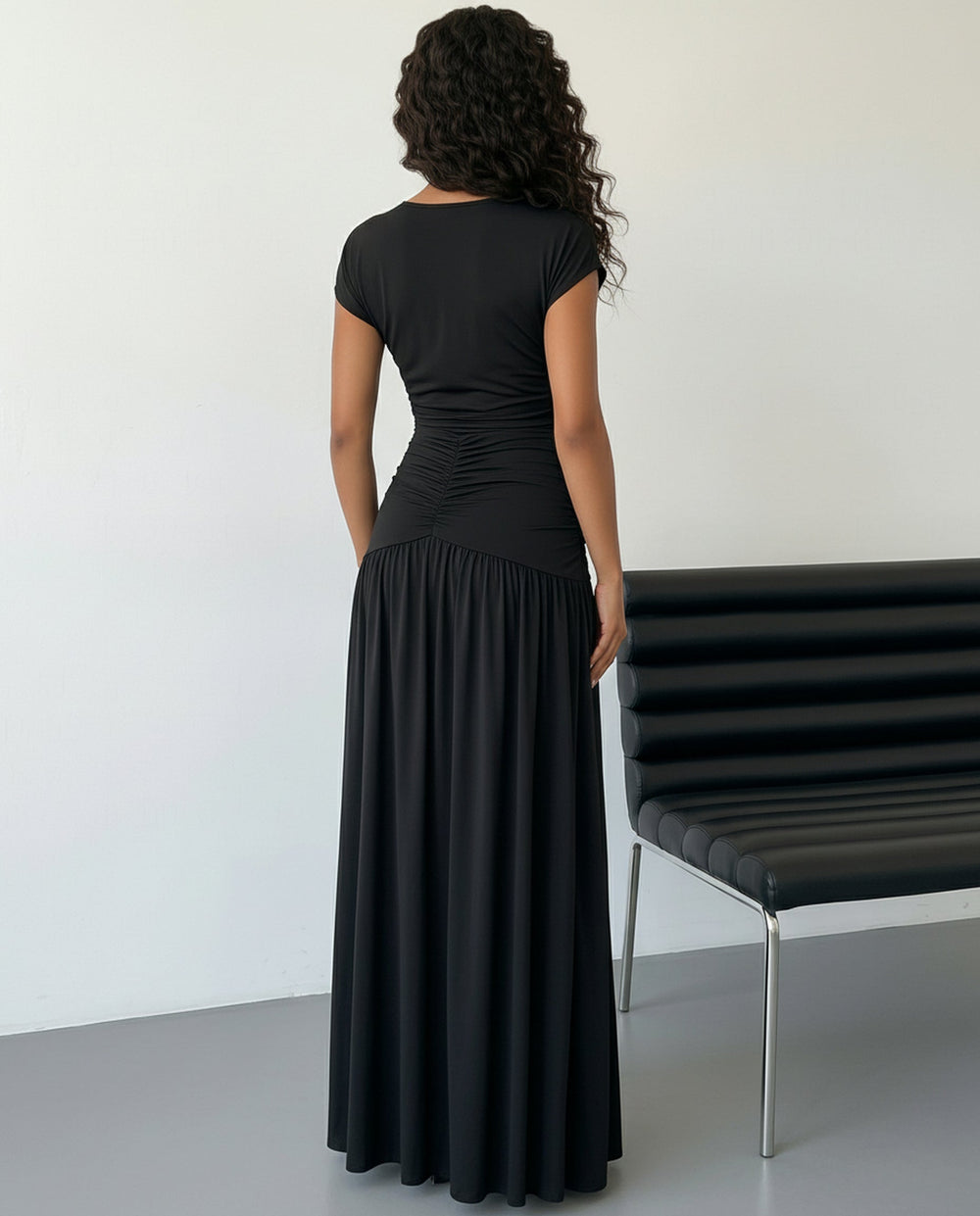 SOLACE  Black Ruched Waist Cap Sleeve High Split Maxi Dress 