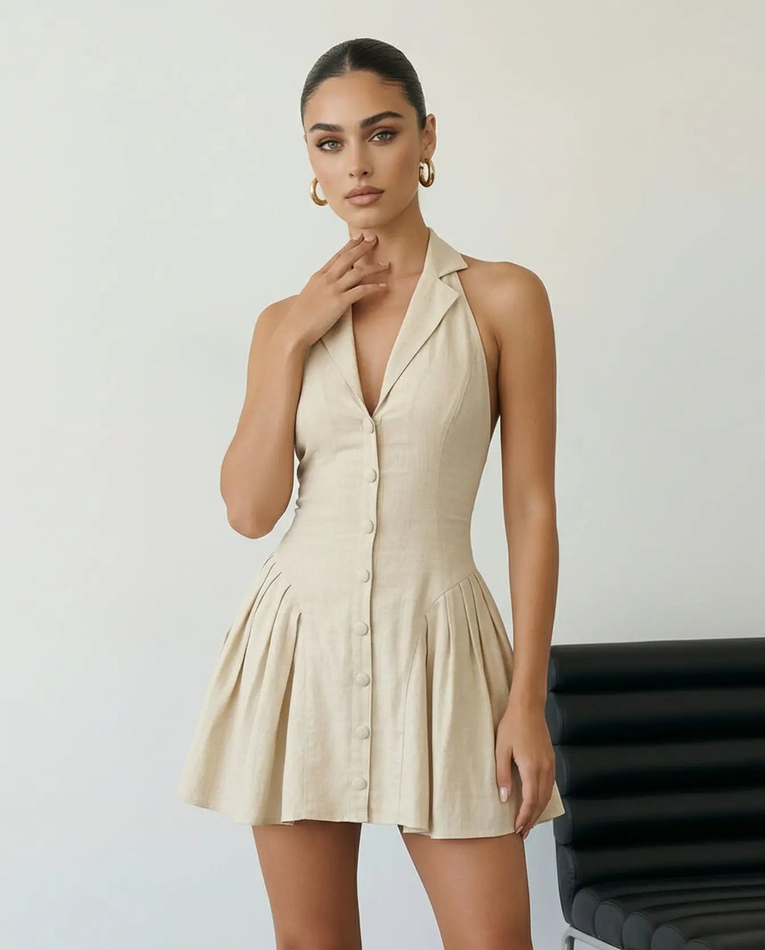 SOLACE  Beige Halter Neck Linen Blend Pleated Mini Dress 