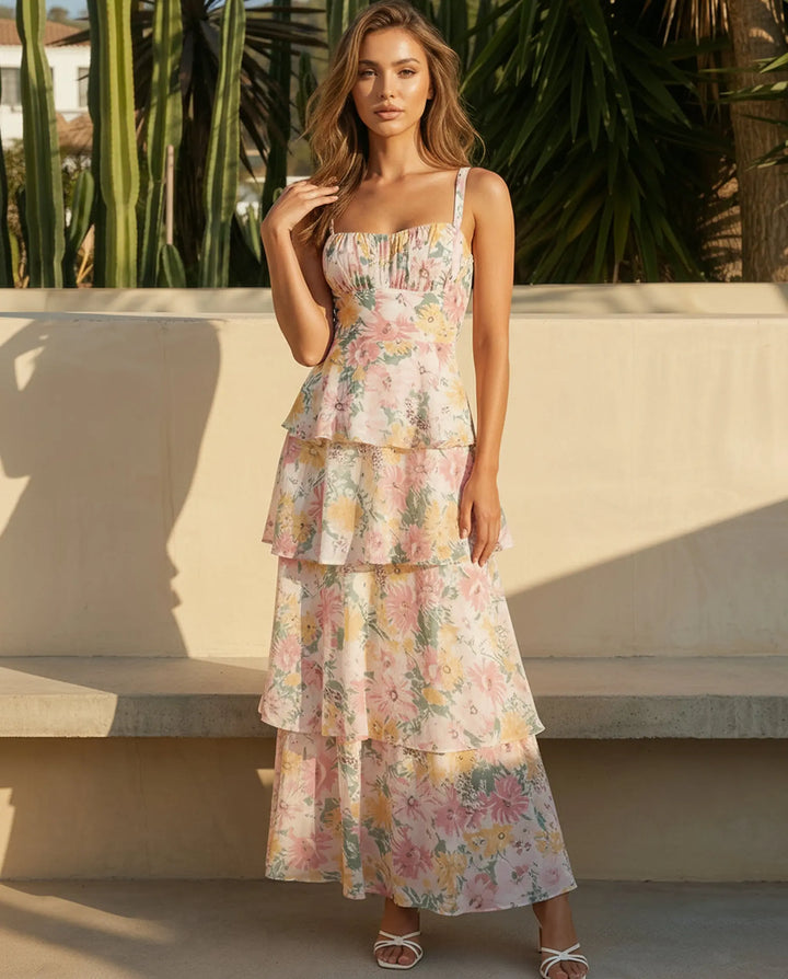 SOLACE  Floral Print Spaghetti Strap Tiered Maxi Dress 