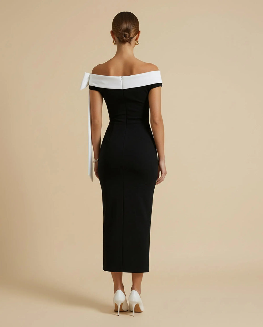 SOLACE  Black Colorblock Off-Shoulder Bow Tie Bodycon Midi Dress 