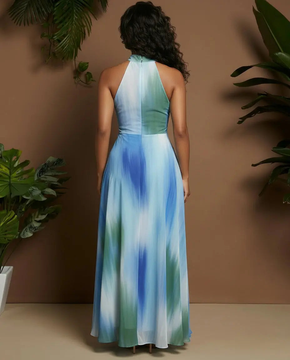 SOLACE  Halter Neck Tie Dye Print Sleeveless Maxi Dress 