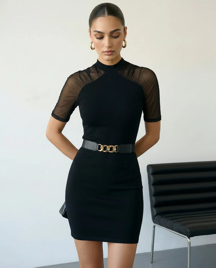 SOLACE  Black Mock Neck Mesh Panel Bodycon Mini Dress 