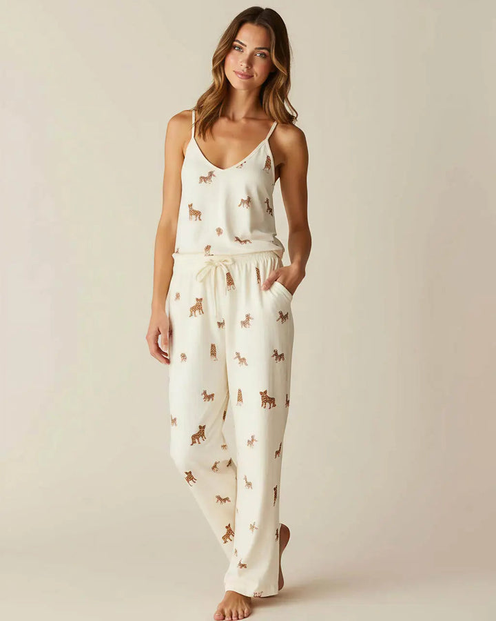 SOLACE CHICV-Neck Leopard Print Cami Pajama Set