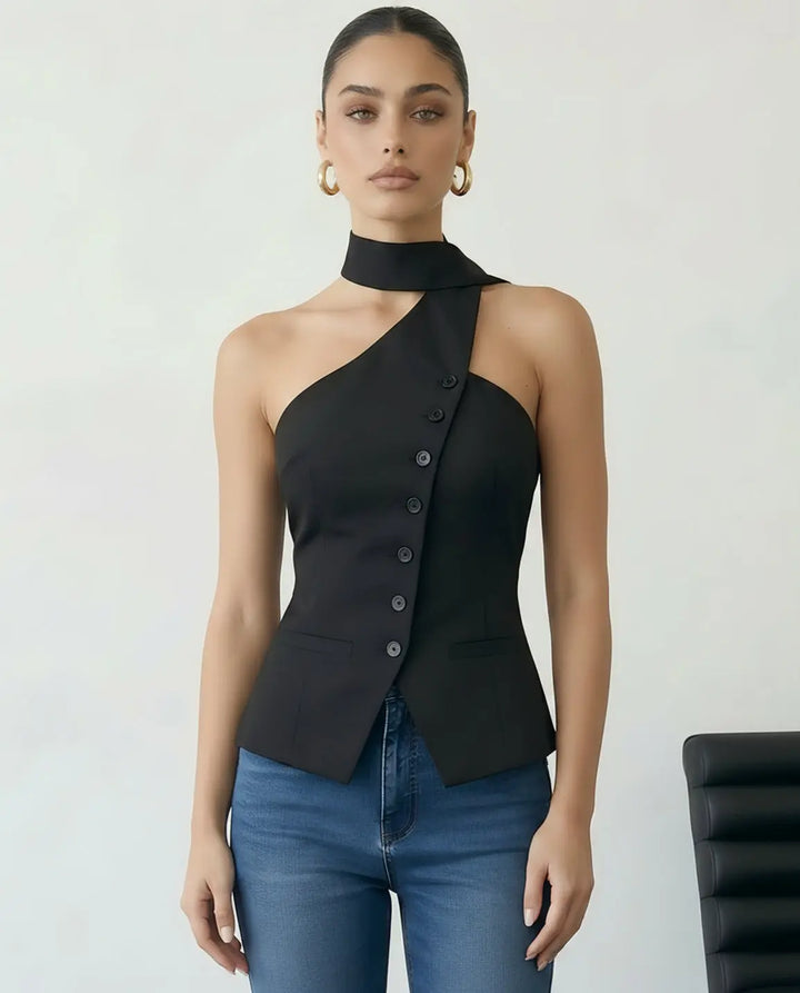 SOLACE  Black Asymmetrical One Shoulder Neck Tie Blouse 