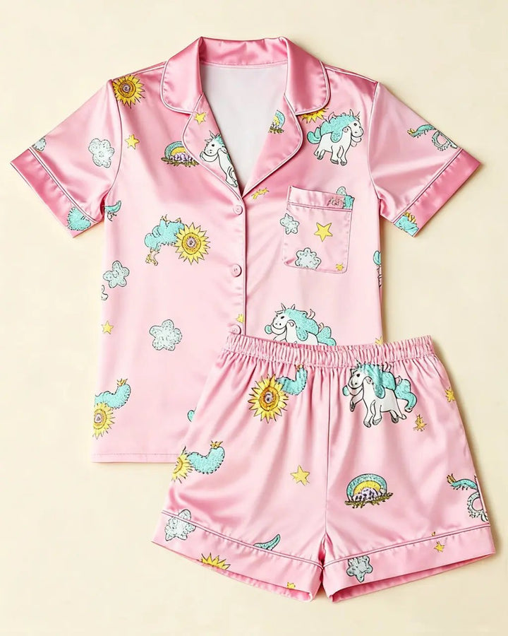 SOLACE CHICDreamy Unicorn Print Pink Ice Silk Pajama Set