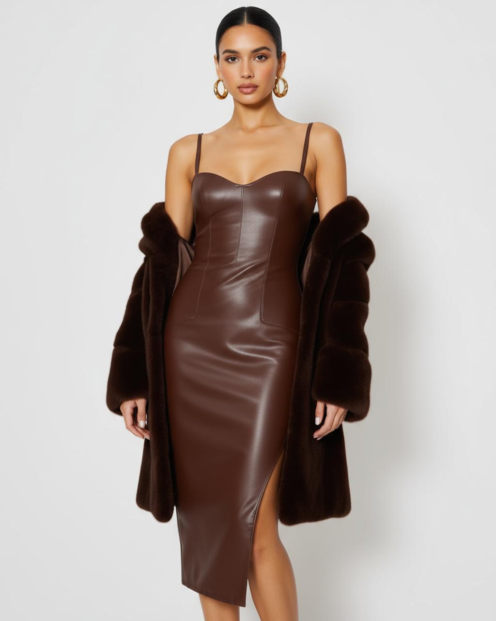 Brown Leather Strappy Midi Dress SOLACE