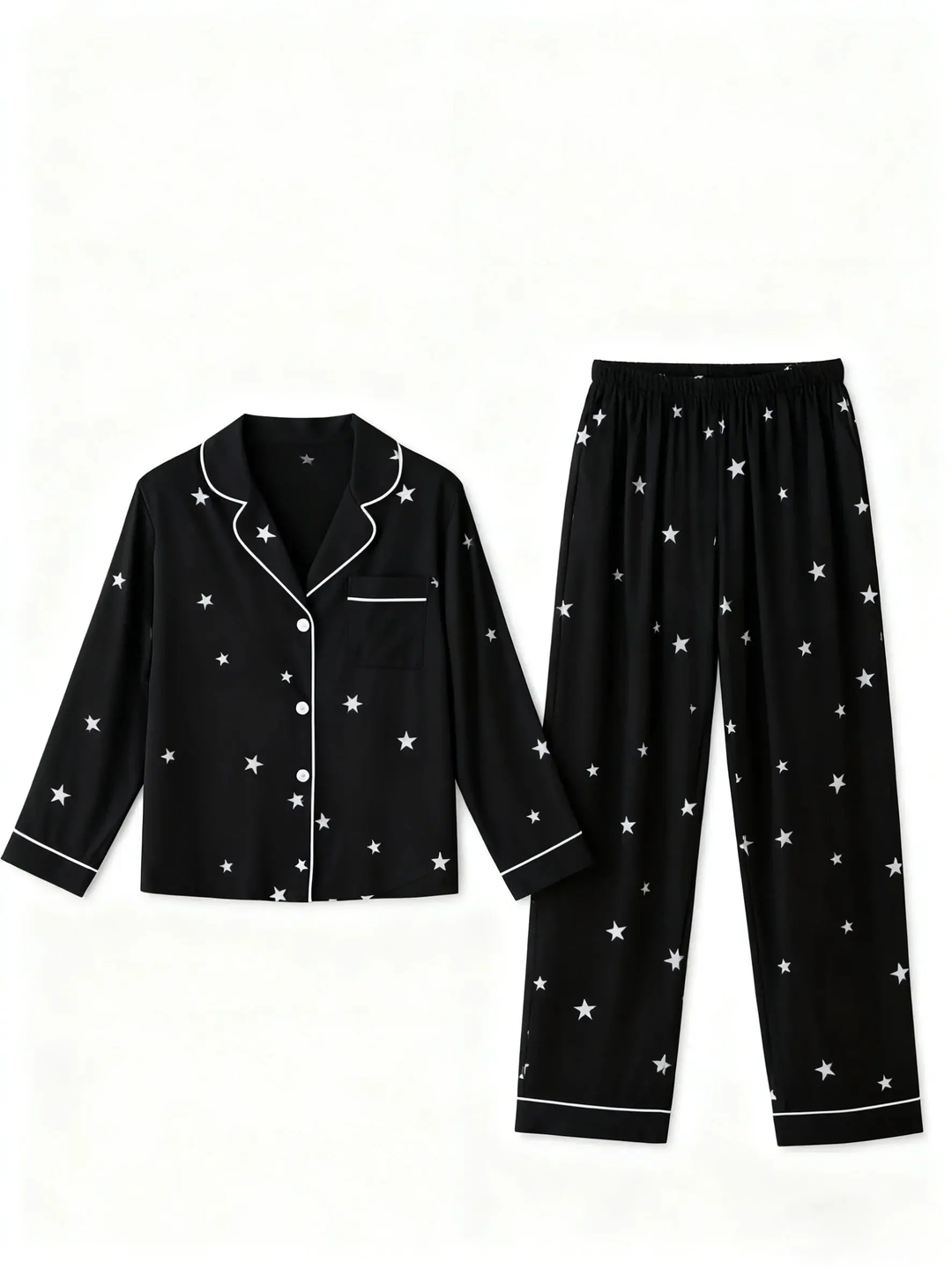 SOLACE CHICBlack Star-Print Lapel Pajama Set