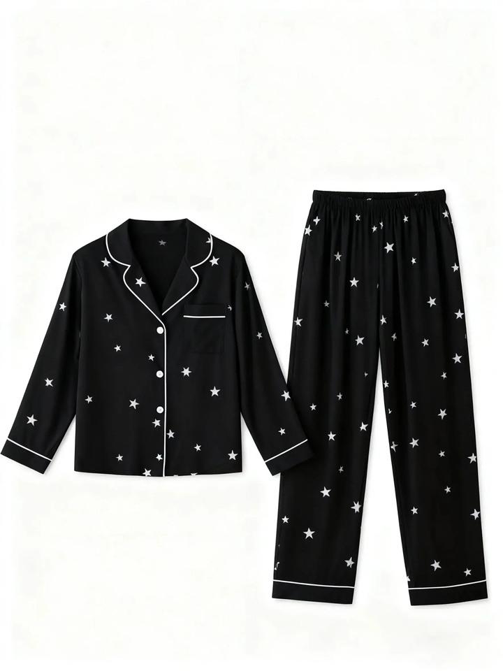 SOLACE CHICBlack Star-Print Lapel Pajama Set