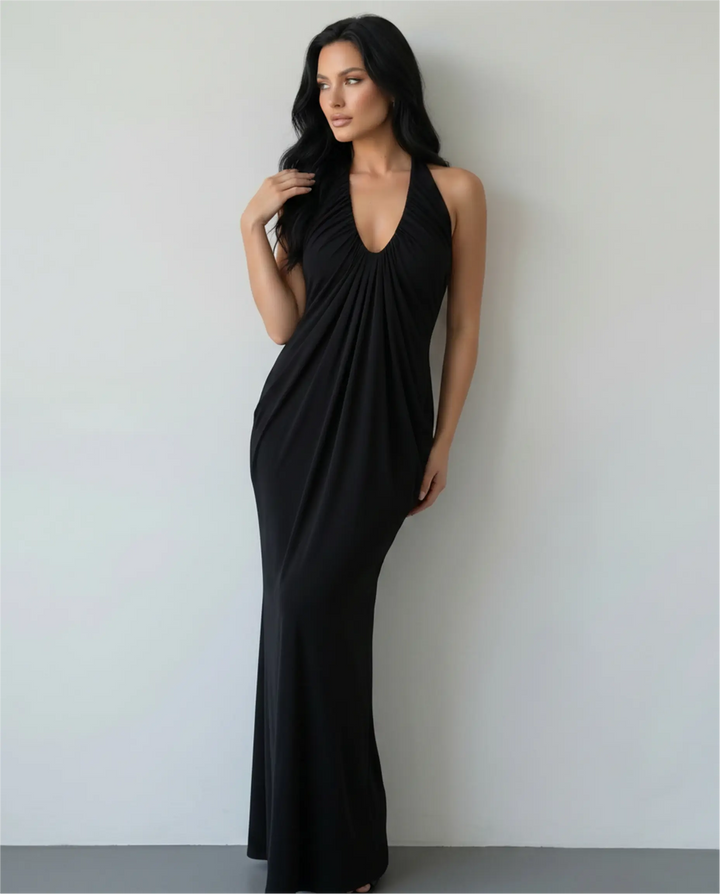 SOLACE  Black Halter Neck Ruched Maxi Dress 