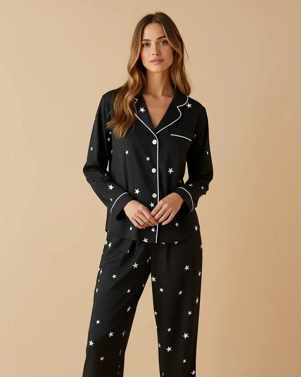 SOLACE CHICBlack Star-Print Lapel Pajama Set