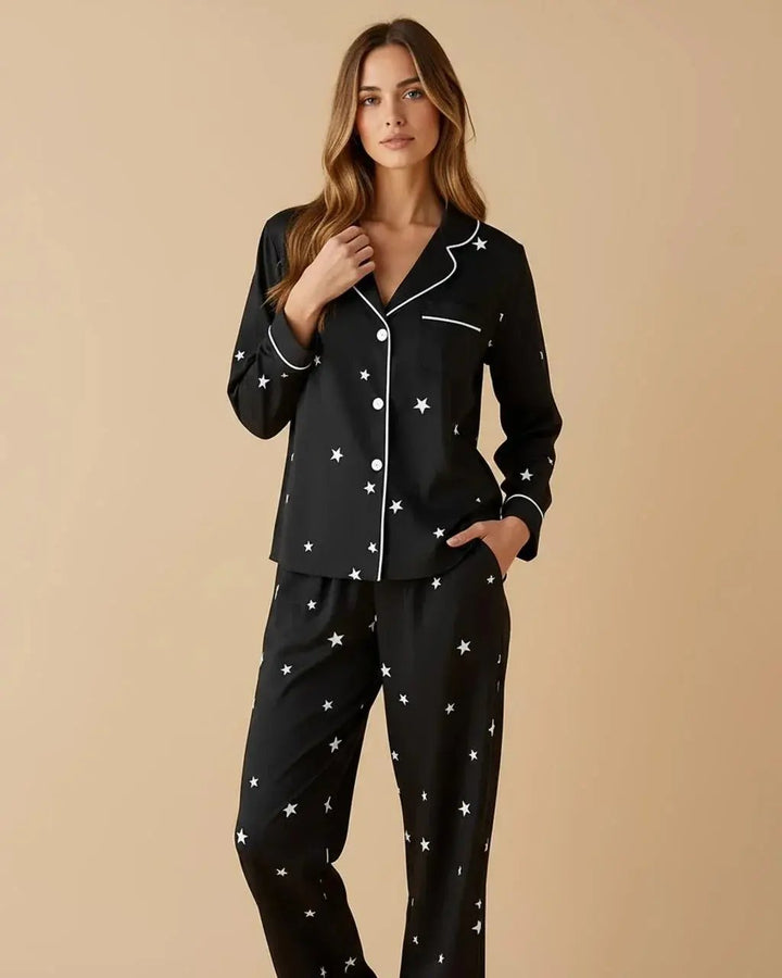 SOLACE CHICBlack Star-Print Lapel Pajama Set