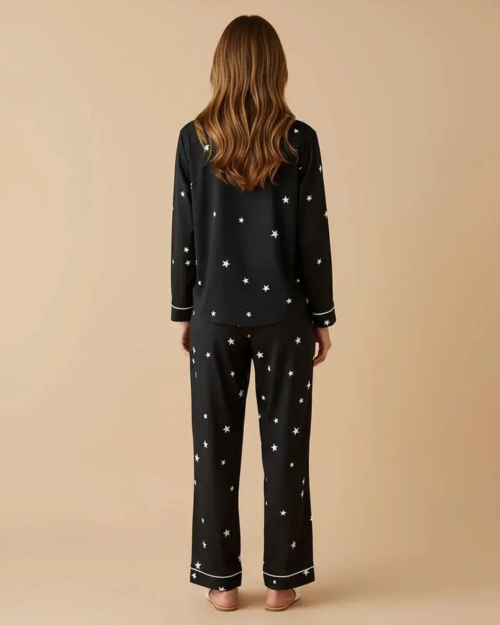 SOLACE CHICBlack Star-Print Lapel Pajama Set