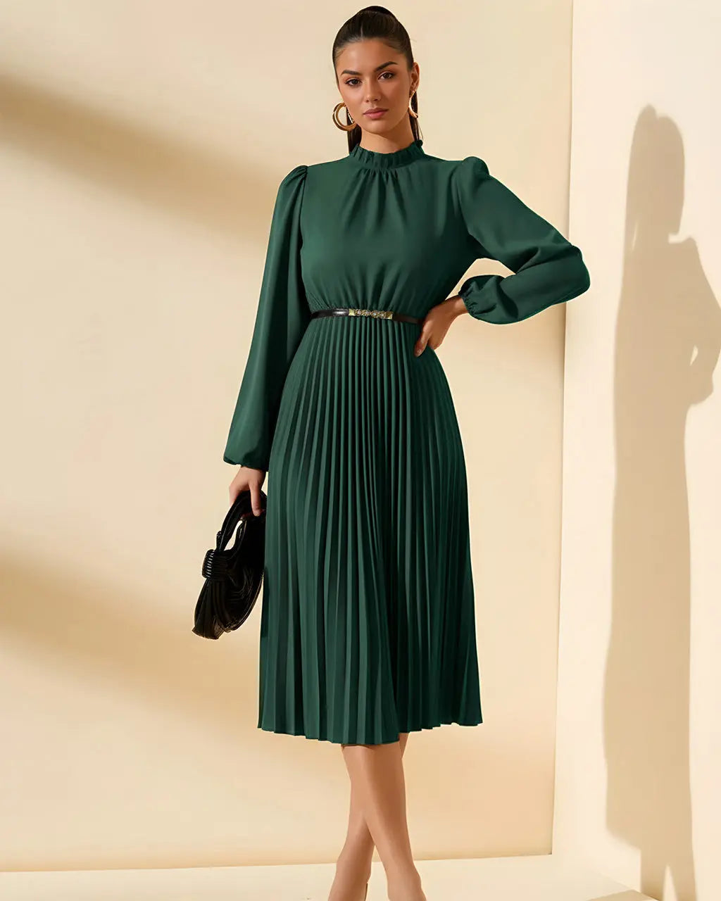 Green Pleated Lantern Sleeve Midi Dress SOLACE